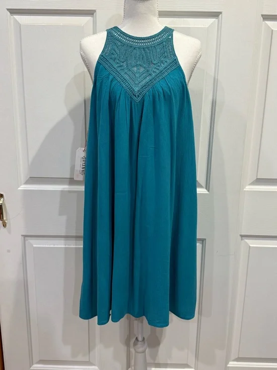 NWT Shyanne Teal Crochet Lace Yoke Boho Swing Dress M - Picture 6 of 10